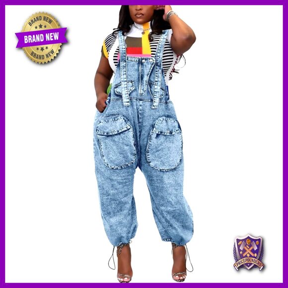 Loose Fit Denim Overalls with Cargo Pockets Wide Leg Jumpsuit